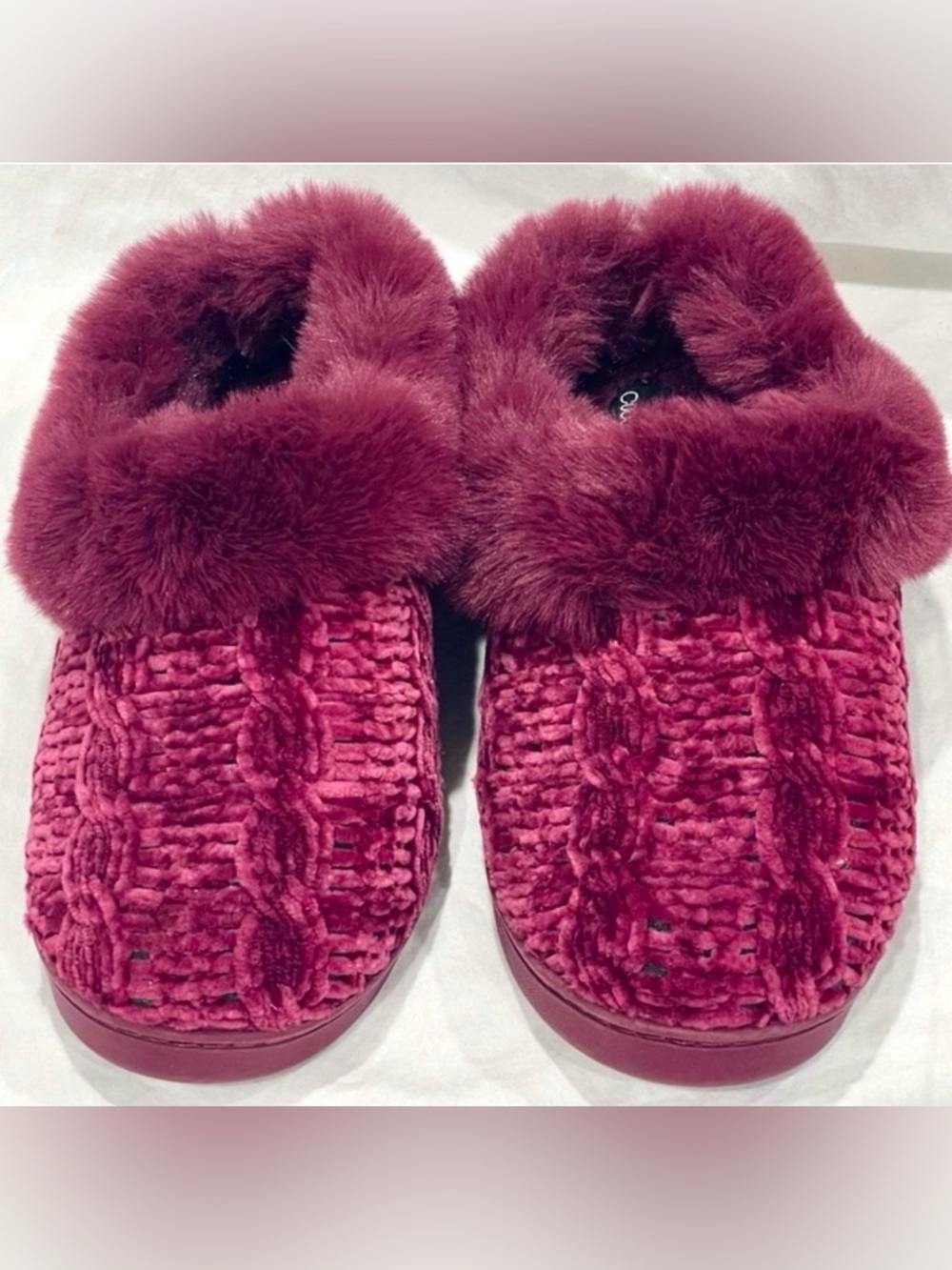 NWOT Cuddl Duds Plush Burgundy Chenille Knit Slippers Faux Fur Lining Size 7/8